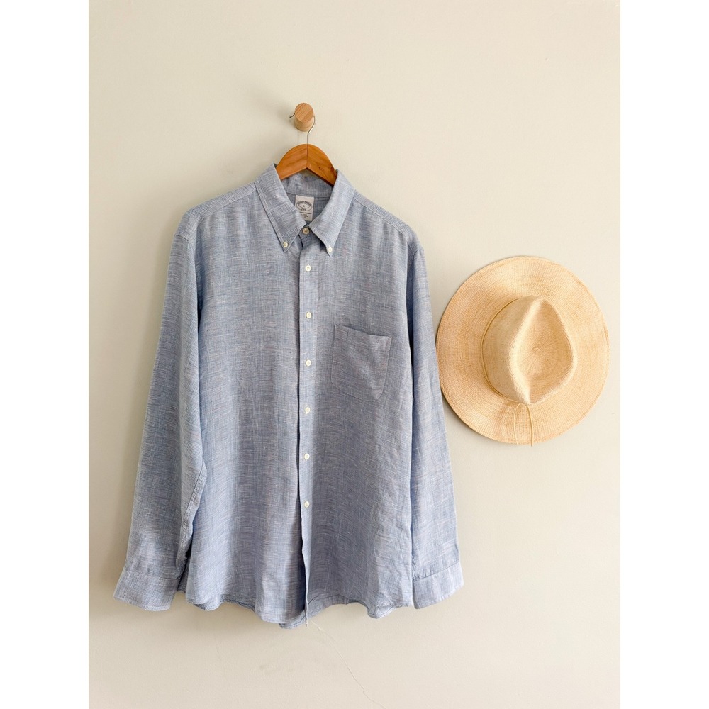 Brooks Brothers | 100% Linen Plaid Button Down Shirt Light Blue | Men's L